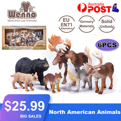 WENNO 6PCS Kid Plastic Figures North American Animals Black Bear Vulpes Toy Gift