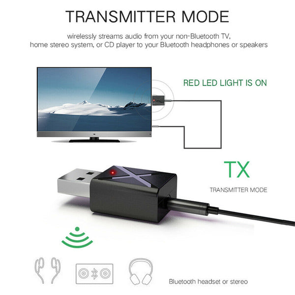 USB Bluetooth 5.0 Transmitter Receiver Stereo Audio Adapter AUX 3.5mm TV CAR PC