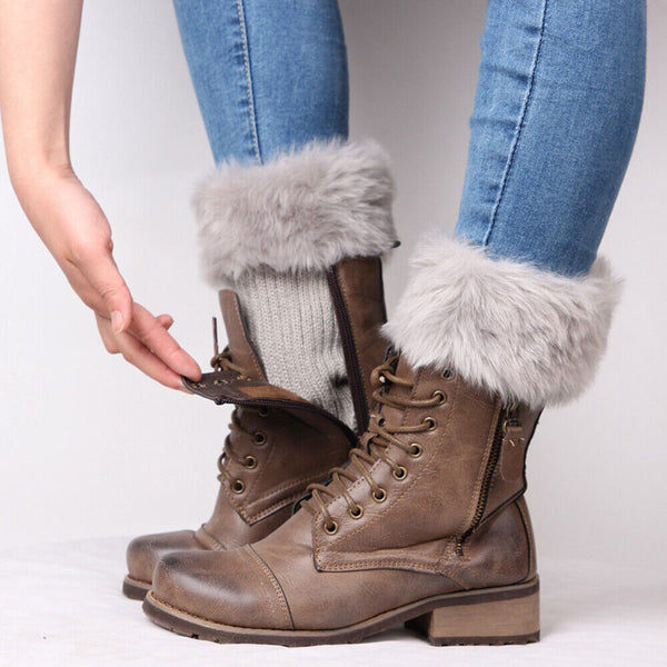 Women Winter Knitted Boot Cuffs Faux Fur Knit Trim Leg Warmer Crochet Toppers