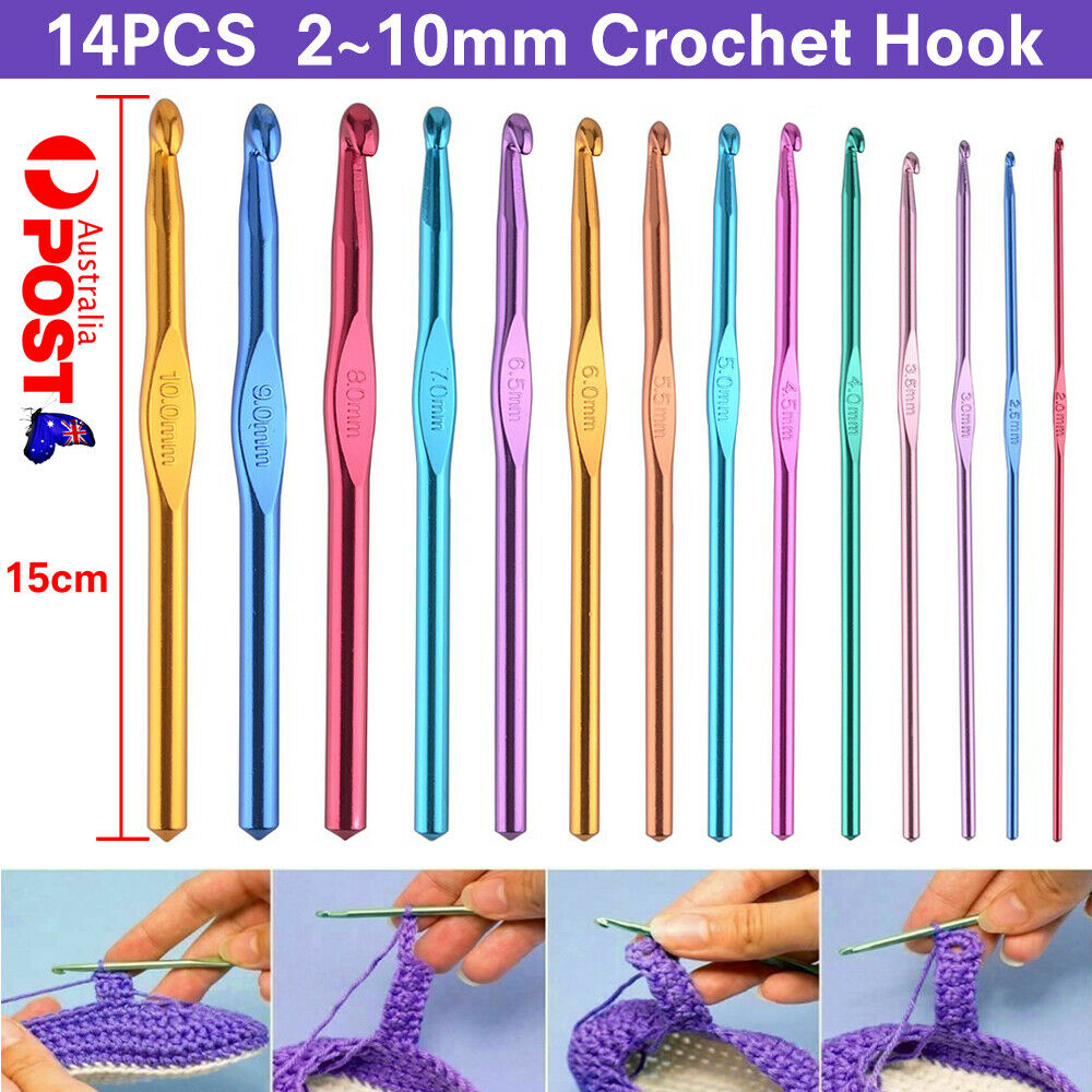 14Pcs 2~10mm Crochet Hook Metal Grip Set Handles Knitting Needles Multi-Colour