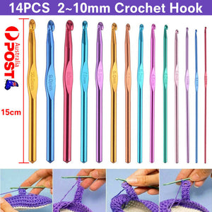 14Pcs 2~10mm Crochet Hook Metal Grip Set Handles Knitting Needles Multi-Colour