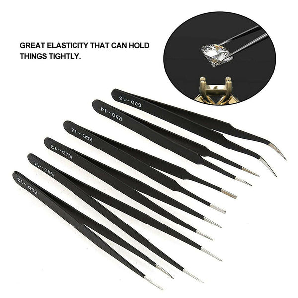 6/12x Tweezers Kit Stainless Steel Anti-static Nail Eyebrow Electronic Jewellery