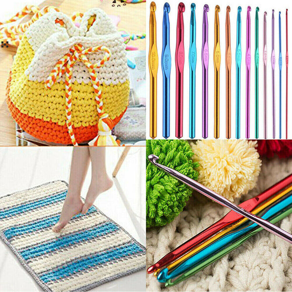 14Pcs 2~10mm Crochet Hook Metal Grip Set Handles Knitting Needles Multi-Colour