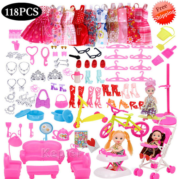 118PCS Fashion Party Dresses Clothes Shoes Accessories For Barbie Doll Kids Gift