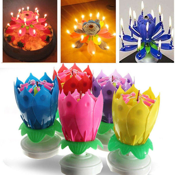 Blossom Lotus Flower Double-deck Rotating Music Birthday Candle Magic Party Cake