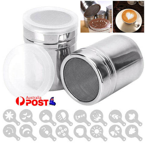 Sugar Cocoa Coffee Shaker Flour Duster Chocolate Powder + 16pcs Decor Stencils