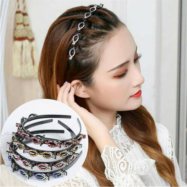 Woven Headband Rhinestone Clip Bangs Double Headband Hollow Braided Hairband AU