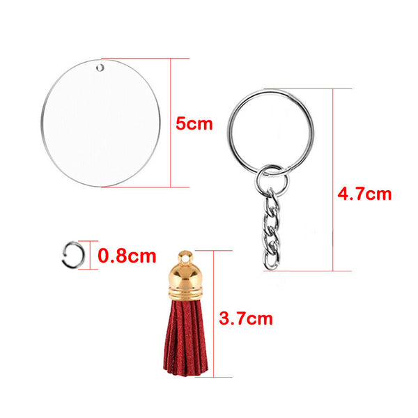 93pcs Clear Acrylic Circle Discs Keychain Blanks Tassel Pendant Key Ring DIY Set