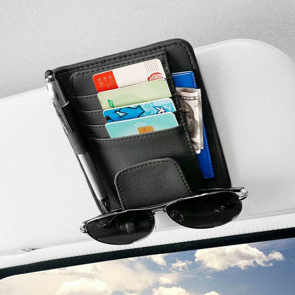 Sun Visor Organizer Sunglasses Holder Card Storage PU Leather Pouch Car Black