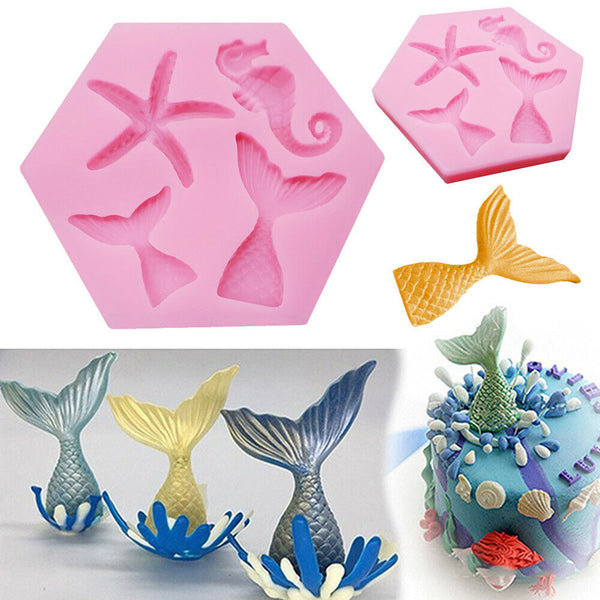 Silicone Cake Mold Mermaid Tail Starfish Fondant Chocolate Baking DIY Soap Mould