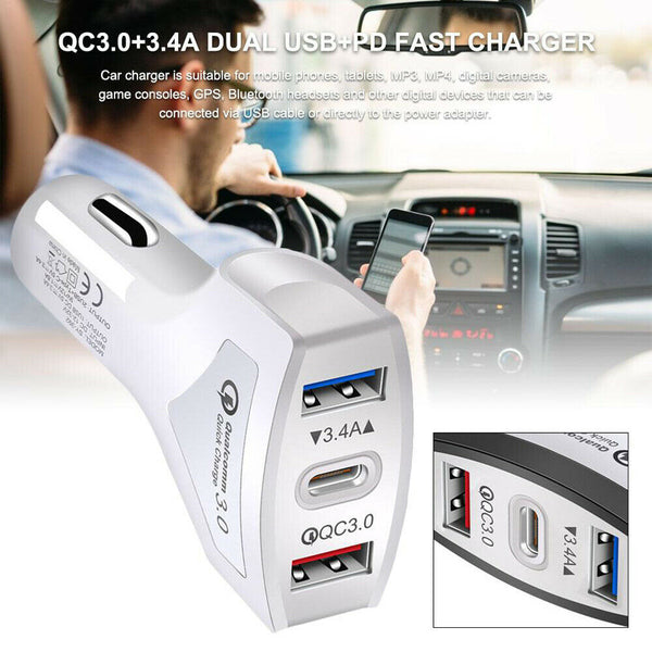 PD Fast Charging QC3.0 3.4A Car Charger Plug Multi USB-C Adapter Quick Charge