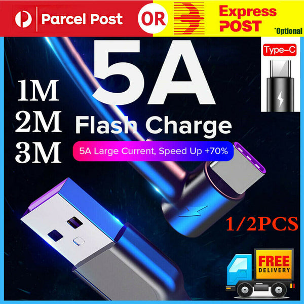 1/2PC 5A 1/2/3M Type C Fast Charging Cable 90 Degree USB C Cable for Samsung S10