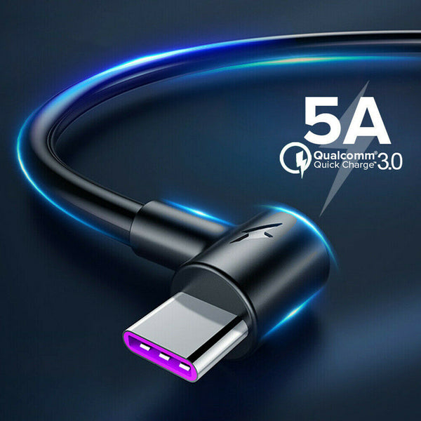 1/2PC 5A 1/2/3M Type C Fast Charging Cable 90 Degree USB C Cable for Samsung S10