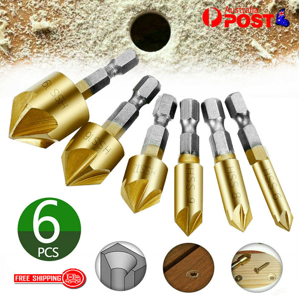 6Pcs Chamfer Countersink Deburring Drill Bit Crosshole Cutting Metal Tools AU