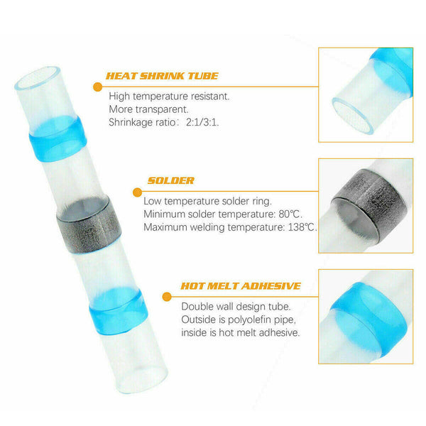 500x Waterproof Solder Seal Sleeve Heat Shrink Butt Wire Connector Terminal Tube