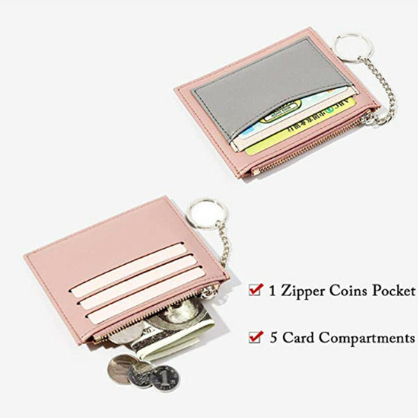 Women's Slim Leather Wallet Small Coin Cash Credit Card Holder With Key Chain