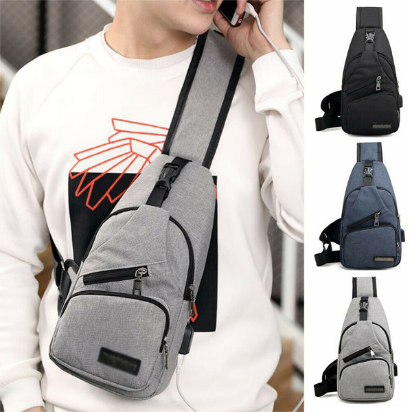 Mens Sling Chest Pack Shoulder Bag USB Charging Port Sports Crossbody Handbag