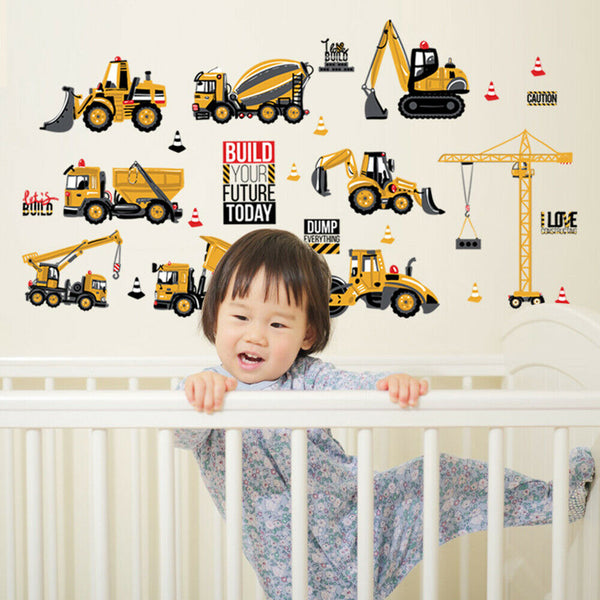 Removable Stickers Kids Boys Construction Vehicles Builders Wall Decor DIY AU