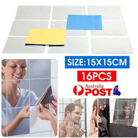 15x15CM DIY Mirror Tile Wall Mirrors Self Adhesive Sticker Film Foil_16PCS