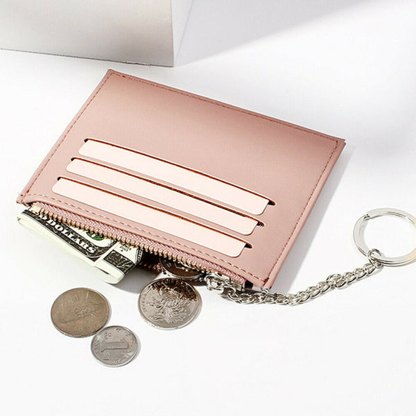 Women's Slim Leather Wallet Small Coin Cash Credit Card Holder With Key Chain