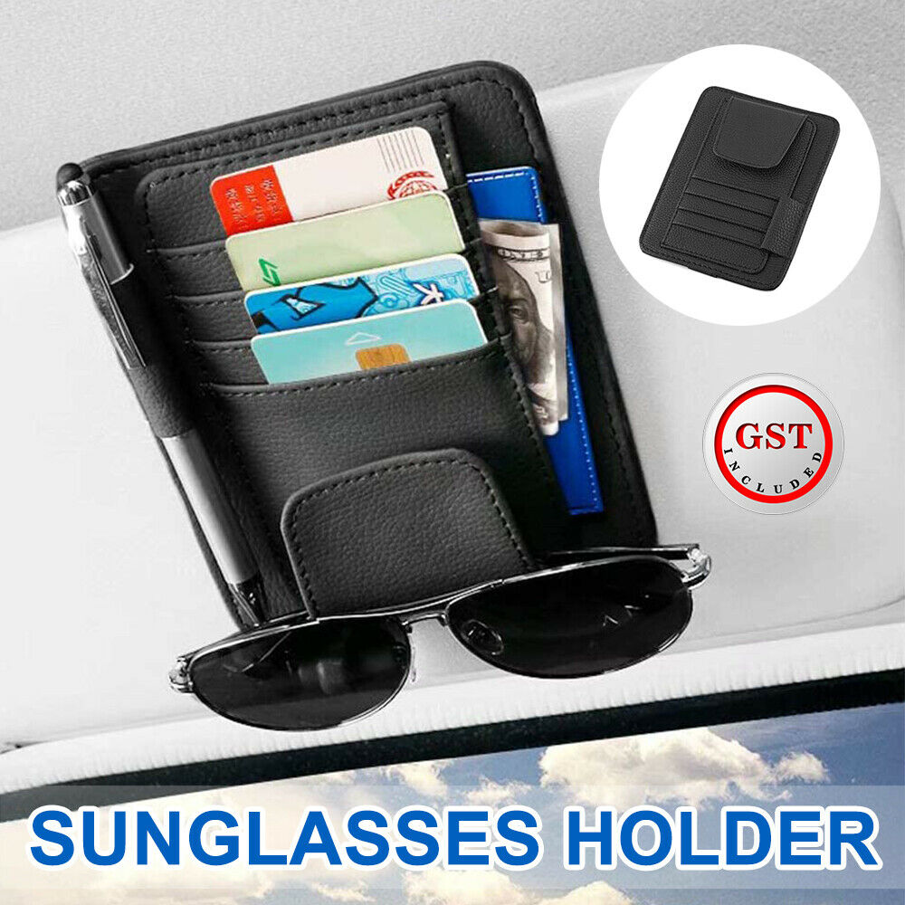 Sun Visor Organizer Sunglasses Holder Card Storage PU Leather Pouch Car Black