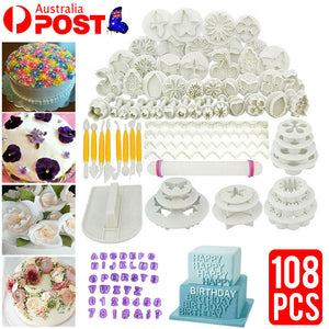 108pcs Fondant Cake Decorating Pastry Plunger Cutter Tools Flower Mold Mould Set