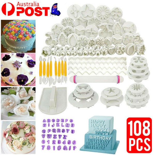 108pcs Fondant Cake Decorating Pastry Plunger Cutter Tools Flower Mold Mould Set