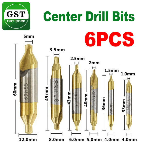 6pc 1-12mm High Speed Steel Center Drill Bits Set Countersinks 60° Combined Kit