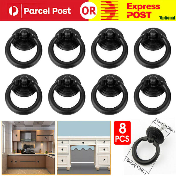 8pcs Black Ring Pull Handle Cabinet Knob Drawer Dresser Cupboard Drop Zinc Alloy