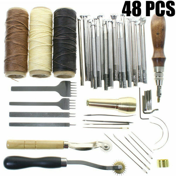 48PCS Leather Craft Hand Tools Kit Stitching Sewing Stamping Punch Carve Work AU