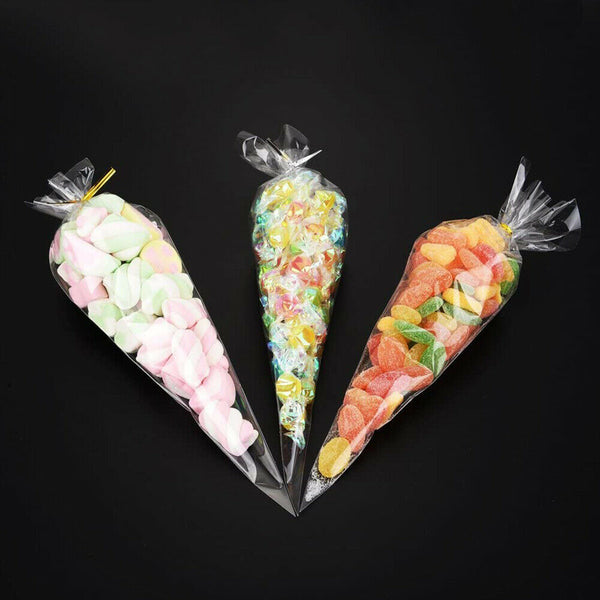 100X Clear cellophane cello cone sweet bags large candy kid party favour gift