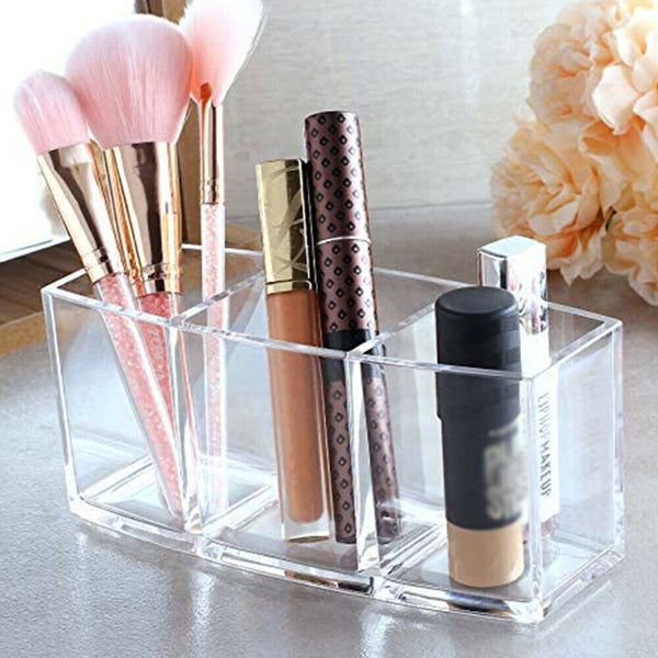 3 Slot Makeup Brush Holder Organizer Clear Cosmetic Brushes Acrylic Storage Case