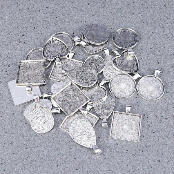 48Pcs Alloy & Glass Pendants DIY Cabochon Blank Bezel Base Tray Gemstone Patches