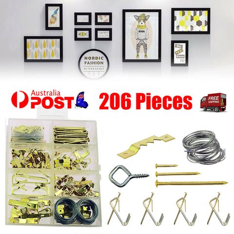 206pcs Photo Frame Hook Heavy Duty Picture Hanger Kit Hanging With Nails Home