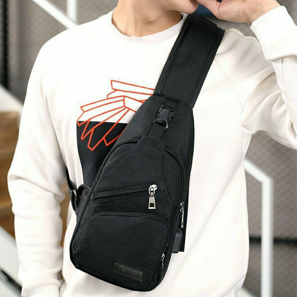 Mens Sling Chest Pack Shoulder Bag USB Charging Port Sports Crossbody Handbag