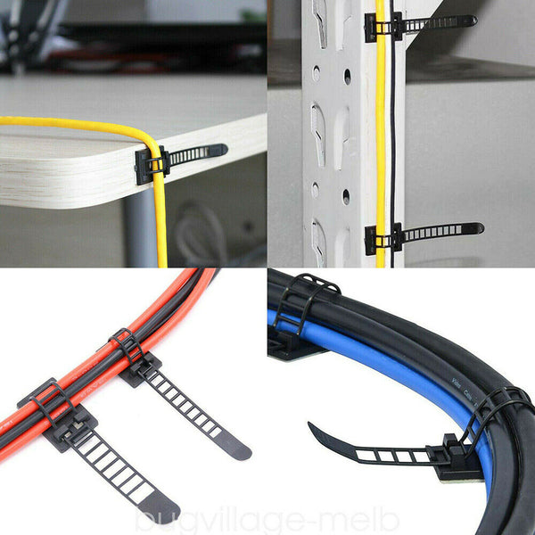 Adjustable Cable Clips Straps Adhesive Cord Management Wire Organizer Black AU