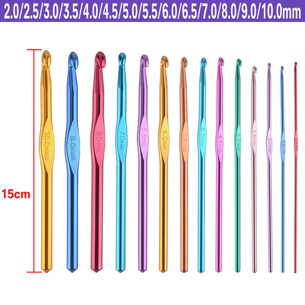 14Pcs 2~10mm Crochet Hook Metal Grip Set Handles Knitting Needles Multi-Colour