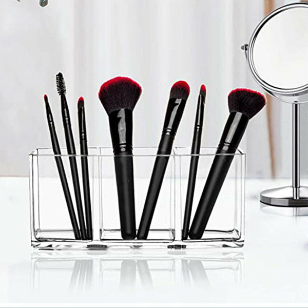 3 Slot Makeup Brush Holder Organizer Clear Cosmetic Brushes Acrylic Storage Case