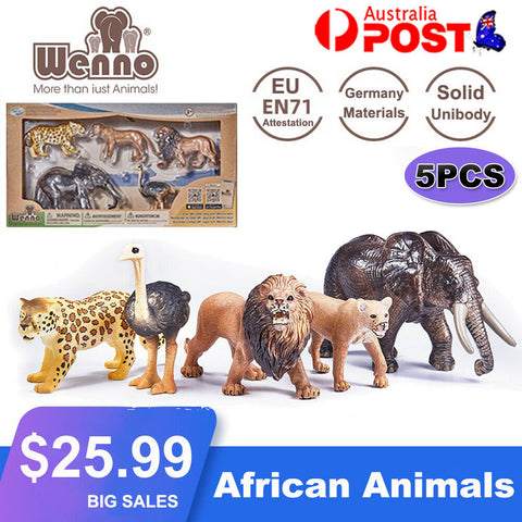 WENNO 5PCS Kids Plastic Figures African Animals Lion Elepheant Ostrich Toys Gift