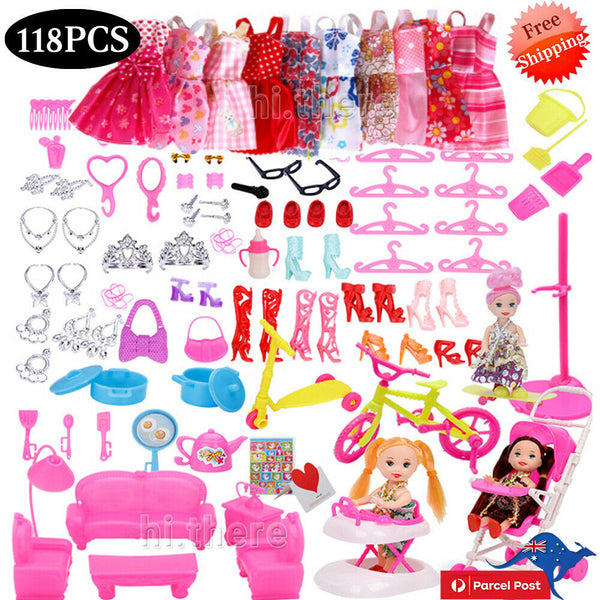 118PCS Fashion Party Dresses Clothes Shoes Accessories For Barbie Doll Kids Gift