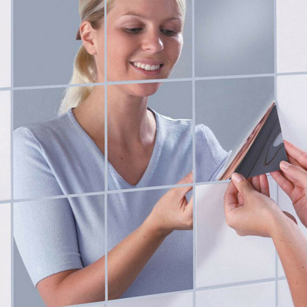 15x15CM DIY Mirror Tile Wall Mirrors Self Adhesive Sticker Film Foil_16PCS