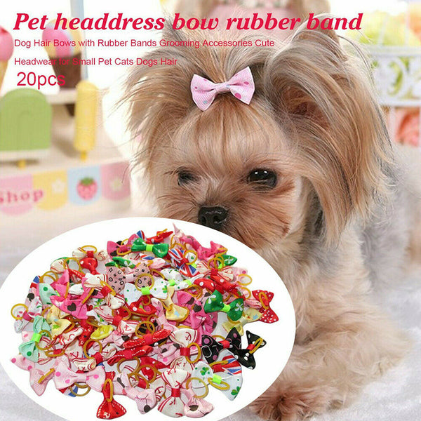 20PCS Pet Small Dog Hair Bows Rubber Bands Puppy Cat Grooming Accessory Set AU