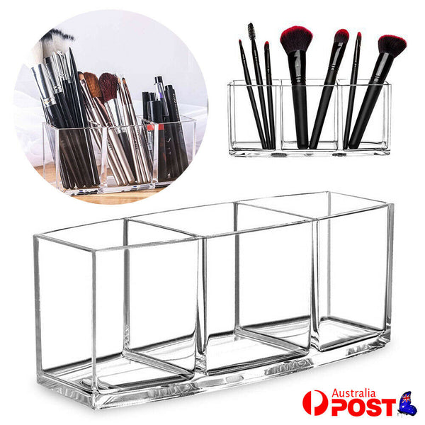 3 Slot Makeup Brush Holder Organizer Clear Cosmetic Brushes Acrylic Storage Case