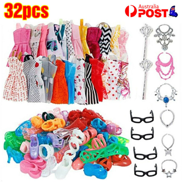 32Pcs Dolls Set Pieces Clothes Shoes Necklace Glasses Dressing Accessories Party