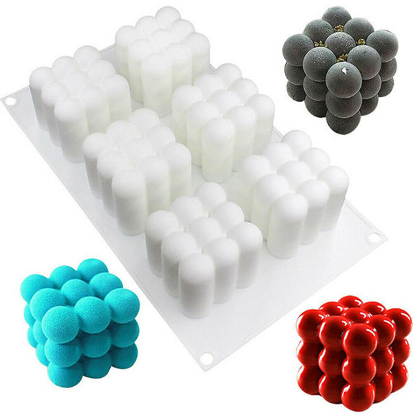 6 Cavities 3D Cube Candle Plaster Mould Silicone Square Bubble Cake Dessert Mold