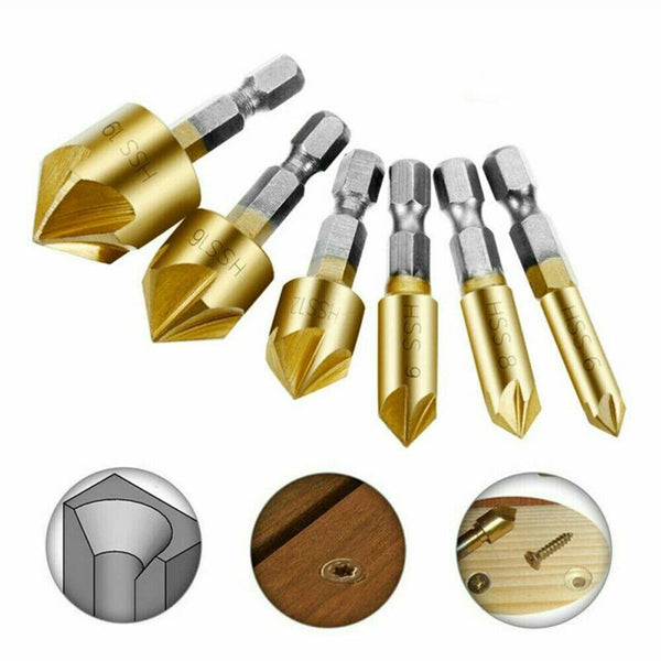 6Pcs Chamfer Countersink Deburring Drill Bit Crosshole Cutting Metal Tools AU