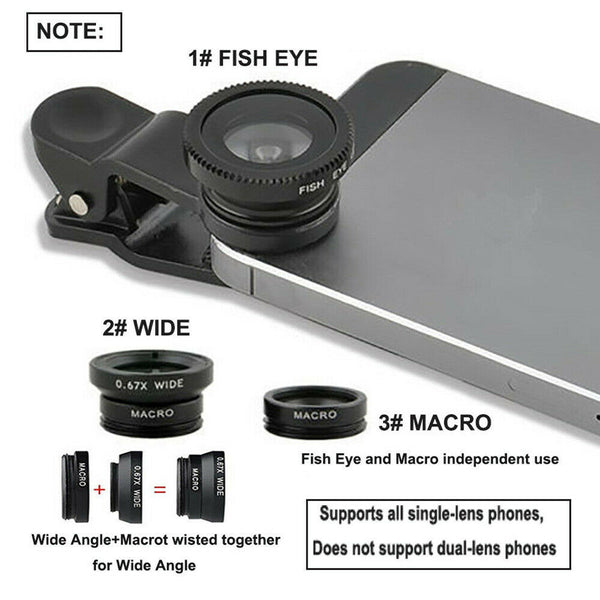 Selfie Cam Lens Wide Angle + Camera Clip-on Lens For iPhone Samsung Google