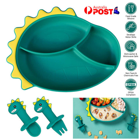 3Pc Kids Silicone Suction Cup Dinosaur Divided Plate Tray Spoon Fork Cutlery Set