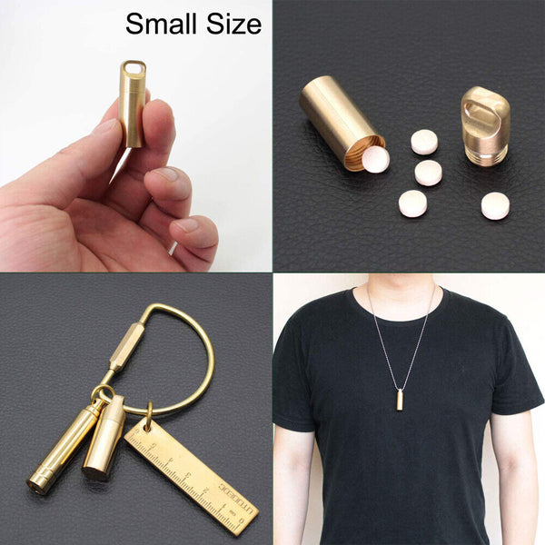 Pill Box Case Bottle Brass Container Waterproof Keyring Medicine Capsule Holder