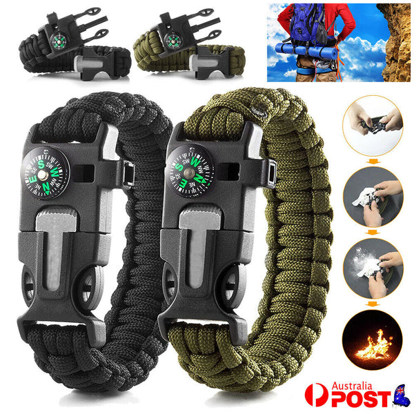 Deluxe Paracord Survival Bracelet Compass Fire Camping Whistle Hiking Army Gear